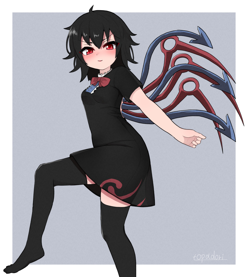 1girl asymmetrical_wings black_dress black_hair black_legwear blush bow bowtie breasts dress foot_out_of_frame from_side highres houjuu_nue looking_at_viewer red_bow red_eyes short_dress short_sleeves smile solo standing standing_on_one_leg thigh-highs topadori touhou wings zettai_ryouiki