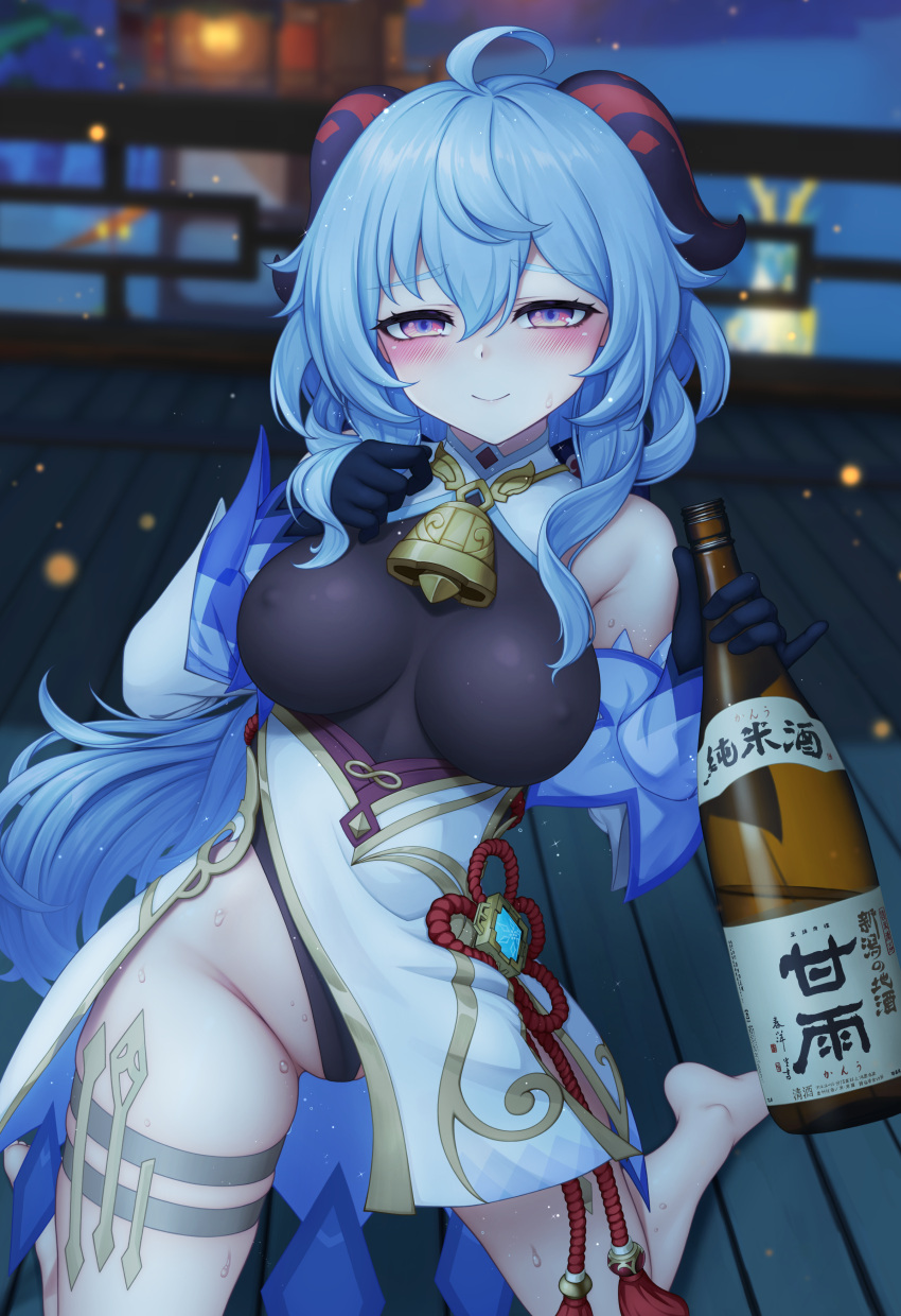 1girl absurdres ahoge alcohol bangs bare_shoulders barefoot bell black_gloves black_leotard blue_hair blush bottle breasts chinese_knot covered_nipples detached_sleeves eyebrows_visible_through_hair flower_knot ganyu_(genshin_impact) genshin_impact gloves gold_trim groin highres horns jc_shikikan kneeling leotard liquor long_hair looking_at_viewer medium_breasts neck_bell no_legwear outdoors red_rope rope sidelocks smile solo tassel thighlet thighs violet_eyes vision_(genshin_impact) white_sleeves