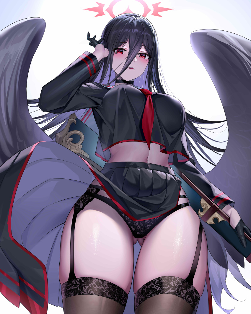 1girl absurdres ass_visible_through_thighs black_choker black_gloves black_hair black_panties blue_archive breasts choker garter_belt garter_straps gloves gun halo hand_up hasumi_(blue_archive) highres holding holding_gun holding_weapon lace-trimmed_legwear lace_trim large_breasts long_hair m1917 midriff mili_(pixiv24297867) mole mole_under_eye navel neckerchief panties parted_lips pleated_skirt red_eyes red_neckerchief sailor_collar school_uniform serafuku skindentation skirt solo thigh-highs thighs underwear very_long_hair weapon white_sailor_collar wind wind_lift wings