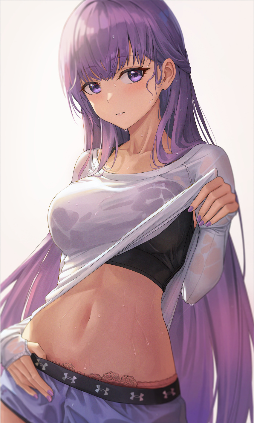 1girl absurdres black_shirt breasts camisole clothes_lift collarbone cowboy_shot crop_top fire_emblem hamstarhand highres large_breasts long_hair long_sleeves looking_at_viewer midriff nail_polish navel parted_lips purple_hair purple_nails purple_shorts shirt shirt_lift short_shorts shorts sleeveless sleeveless_shirt smile solo sophia_(fire_emblem) standing stomach sweat undershirt upper_body very_long_hair violet_eyes wet wet_clothes wet_shirt white_shirt