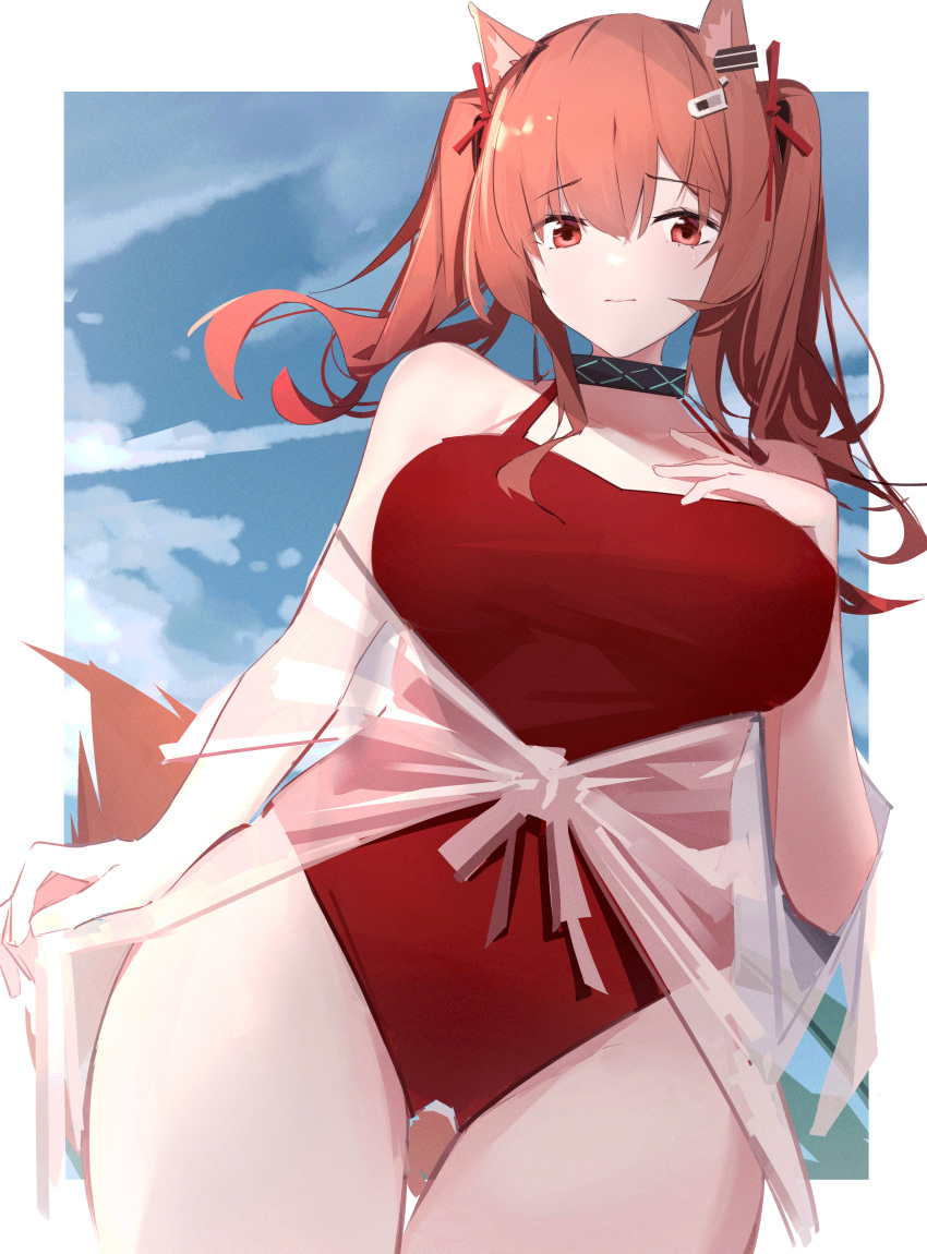 1girl absurdres angelina_(arknights) angelina_(summer_flowers)_(arknights) animal_ears arknights black_collar border breasts brown_hair casual_one-piece_swimsuit chichi_guai collar cowboy_shot eyebrows_visible_through_hair fox_ears fox_girl fox_tail hair_between_eyes hair_ribbon highres infection_monitor_(arknights) large_breasts long_hair looking_at_viewer official_alternate_costume one-piece_swimsuit red_eyes red_ribbon red_swimsuit ribbon sarong solo swimsuit tail thigh_gap thighs twintails white_border white_sarong