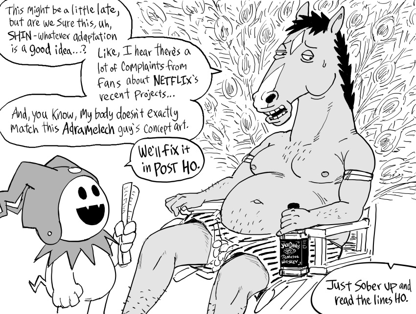 2boys absurdres alcohol bb_(baalbuddy) beer_belly bojack_horseman bojack_horseman_(series) bottle crossover english_commentary english_text facial_mark fat fat_man furry highres holding horse_man jack_daniel's jack_frost male_focus multiple_boys shin_megami_tensei shorts sitting speech_bubble sweatdrop topless_male what whiskey
