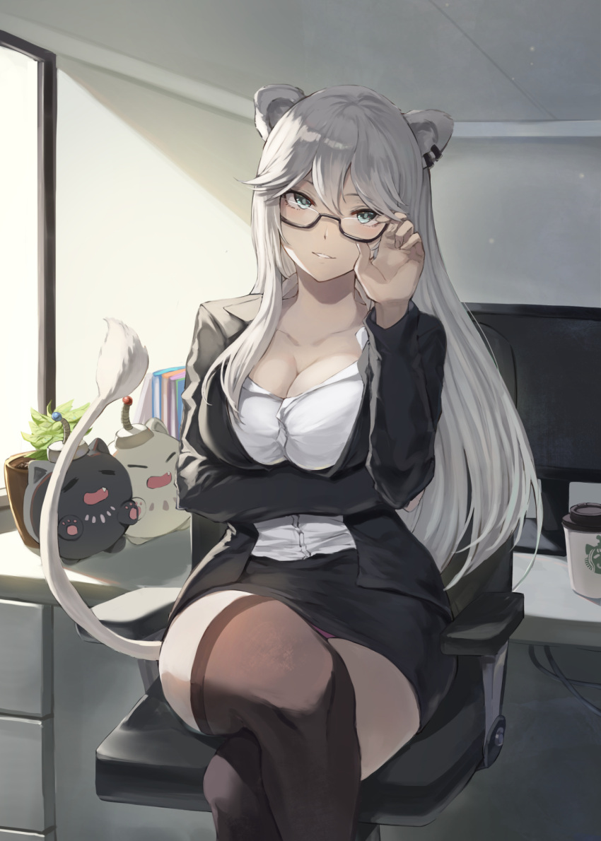 1girl alternate_costume animal_ears arm_under_breasts black_jacket black_legwear black_skirt blazer blue_eyes book breasts chair collarbone computer crossed_legs cup desk disposable_cup earrings glasses hand_on_eyewear highres hololive jacket jewelry jojobirdz large_breasts lion_ears lion_girl lion_tail long_hair looking_at_viewer monitor office office_chair office_lady parted_lips pencil_skirt plant potted_plant shirt shishiro_botan sitting skirt solo ssrb tail thigh-highs thighs virtual_youtuber white_hair white_shirt window zettai_ryouiki