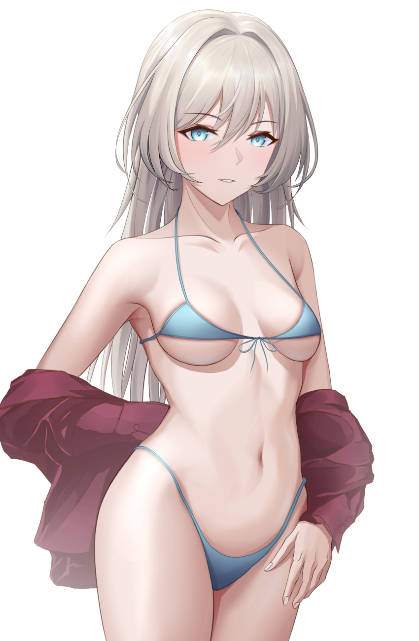 1girl absurdres an-94_(girls'_frontline) aqua_eyes bikini breasts chinese_commentary commentary_request constantine-xii cowboy_shot front-tie_top girls_frontline highleg highleg_bikini highleg_swimsuit highres jacket long_hair medium_breasts micro_bikini red_jacket silver_hair simple_background solo standing swimsuit white_background