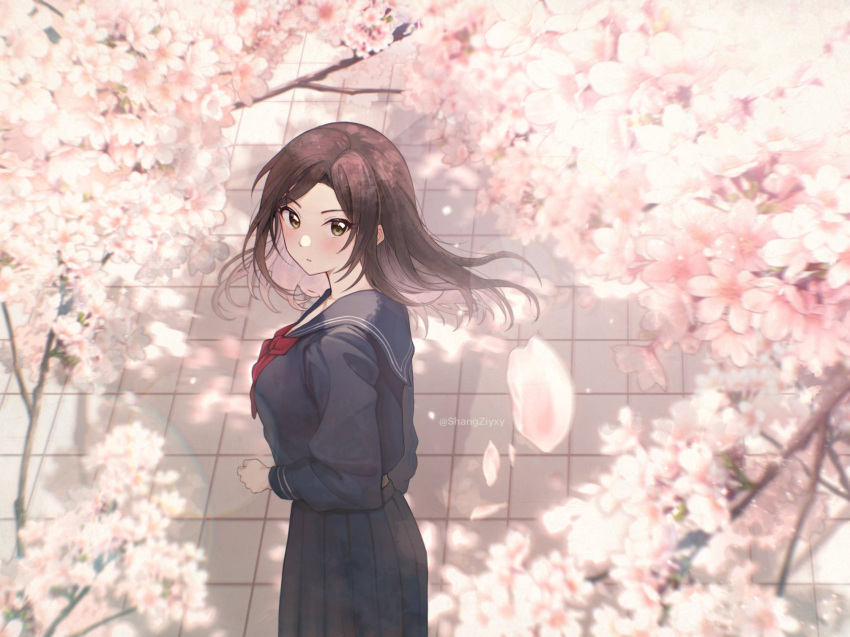 1girl black_hair black_serafuku blurry blush breasts cherry_blossoms clenched_hand depth_of_field expressionless falling_petals floating_hair highres idolmaster idolmaster_cinderella_girls large_breasts looking_at_viewer looking_back looking_to_the_side looking_up mukai_takumi neckerchief outdoors petals plaid plaid_skirt red_neckerchief school_uniform serafuku shangzi skirt solo straight_hair tile_floor tiles twitter_username