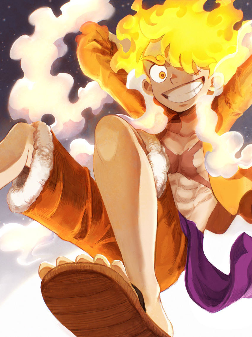 1boy alternate_form alternate_hair_color commentary_request fiery_hair fur_trim gear_fifth gradient gradient_background grin happy highres looking_at_viewer monkey_d._luffy oekakiboya one_piece orange_eyes orange_hair orange_pants orange_shirt pants sandals scar scar_on_chest scar_on_face shirt short_hair smile solo spoilers