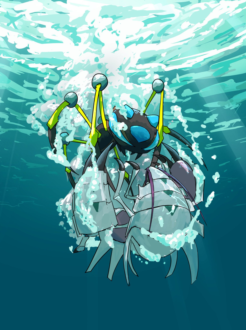 air_bubble animal_focus araquanid blue_eyes bubble claws eye_contact falling futena_goze golisopod highres light_rays looking_at_another no_humans pokemon pokemon_(creature) spikes symbol-only_commentary underwater