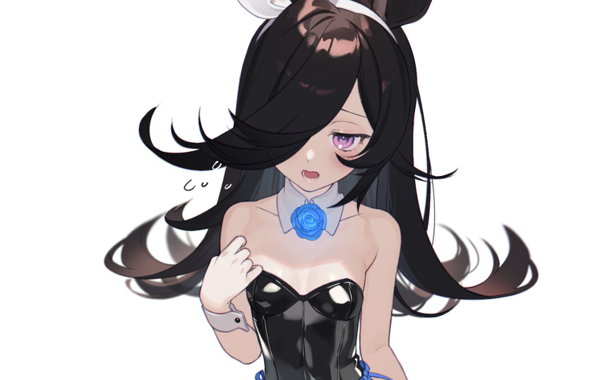 1girl animal_ears bangs bare_shoulders black_hair black_leotard blue_flower blue_rose blush breasts collar collarbone detached_collar eyebrows_visible_through_hair flower flying_sweatdrops hair_over_one_eye hairband hand_up horse_ears kushibi leotard long_hair looking_at_viewer open_mouth playboy_bunny ribbon rice_shower_(umamusume) rose simple_background small_breasts solo strapless strapless_leotard umamusume upper_body very_long_hair violet_eyes white_background white_collar white_hairband white_ribbon wrist_cuffs