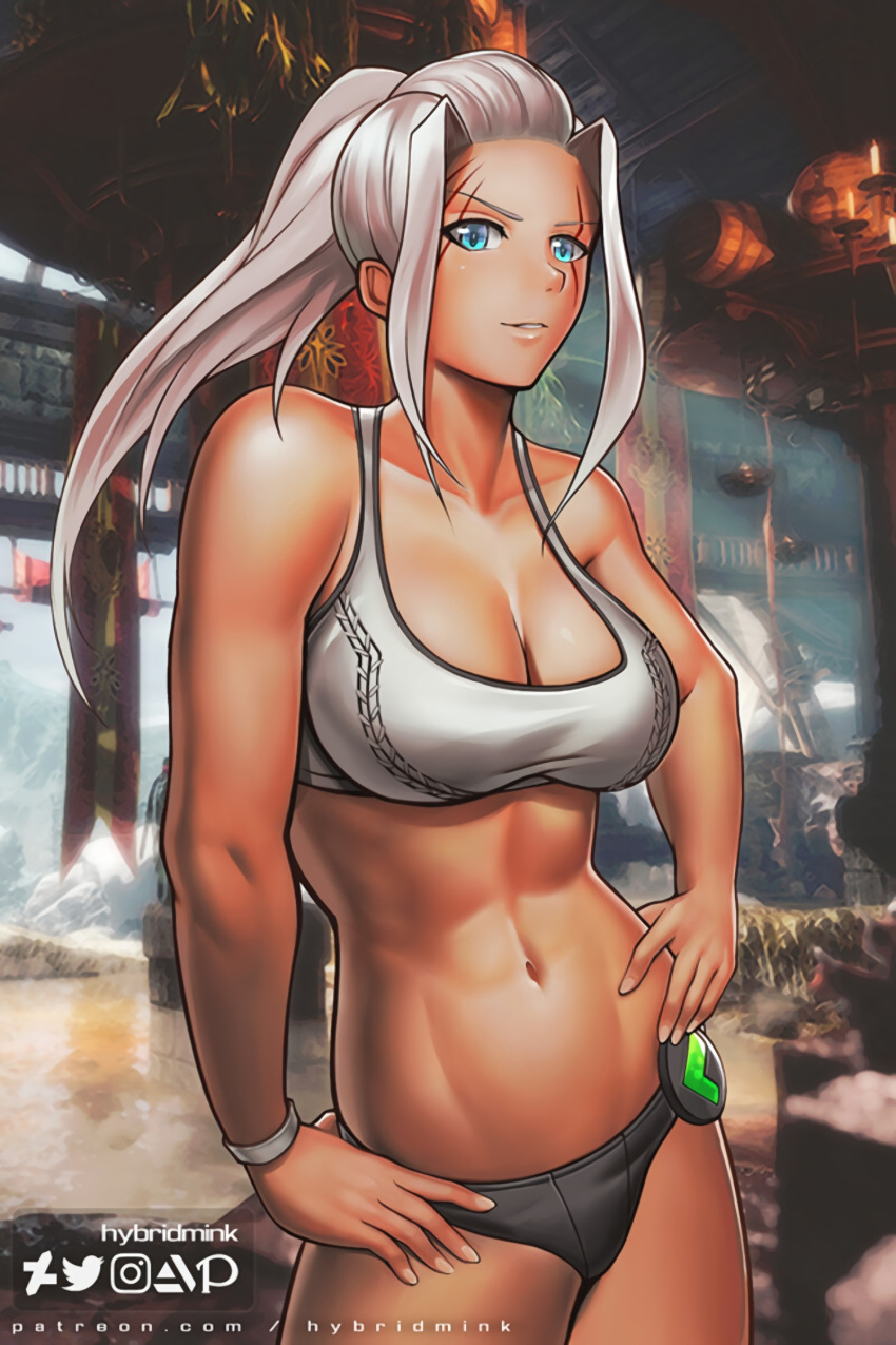 1girl abs armor blue_eyes breasts hand_on_hip hybridmink labia_alba large_breasts looking_at_viewer monster_hunter:_world monster_hunter_(series) muscular muscular_female navel onster_hunter scar silver_hair