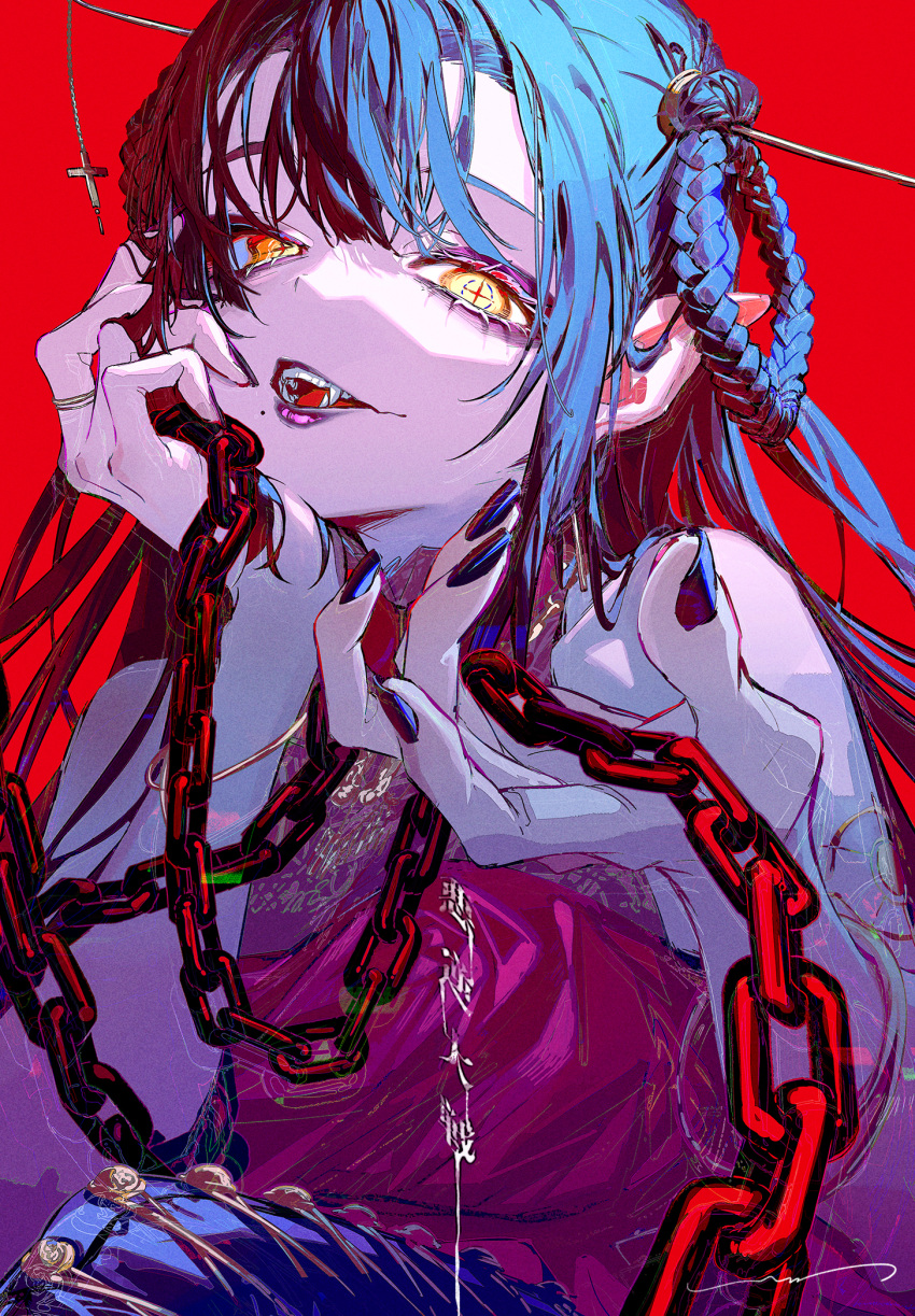 1girl bangs bare_shoulders black_nails blue_hair braid chain commentary_request fangs hair_between_eyes hair_ornament hair_rings highres jewelry long_hair looking_at_viewer open_mouth original pointy_ears red_background red_eyes red_lips ring rolua simple_background smile solo symbol-shaped_pupils upper_body vampire x-shaped_pupils