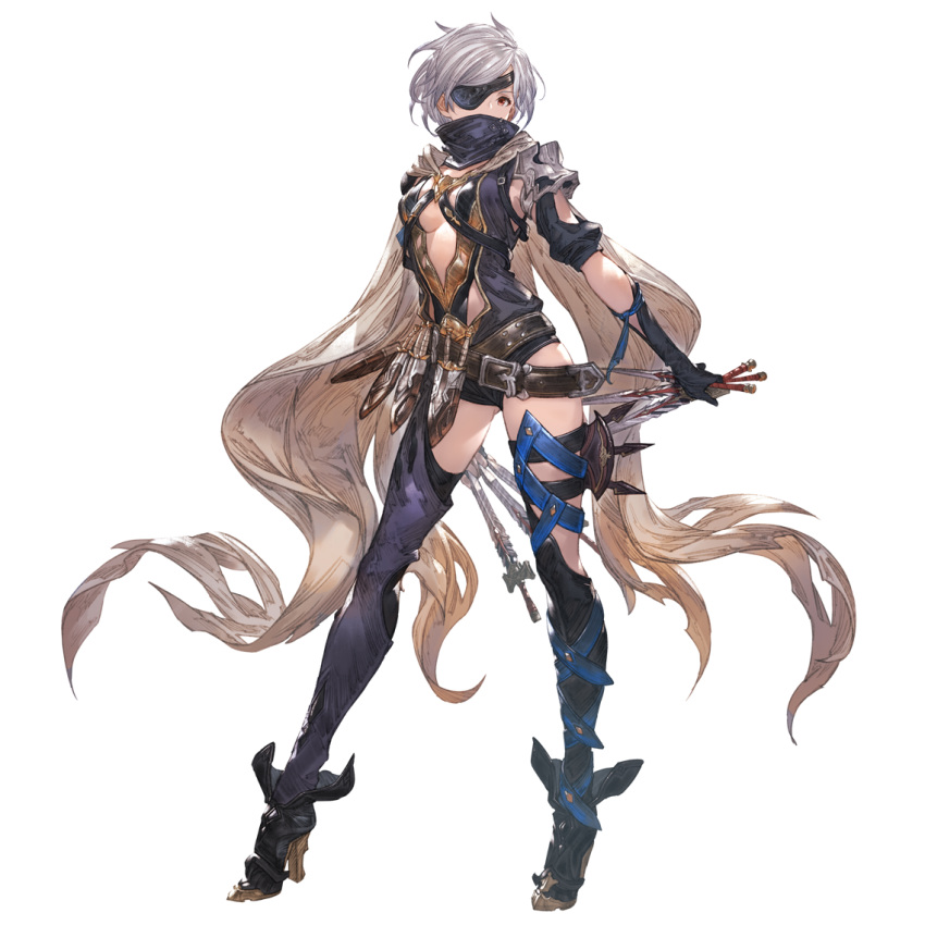 1girl arm_at_side ass_visible_through_thighs breasts dagger eyepatch granblue_fantasy high_heels holding holding_dagger holding_weapon knife medium_breasts minaba_hideo official_art red_eyes short_hair silver_hair simple_background solo standing tanya_(granblue_fantasy) thigh-highs transparent_background weapon