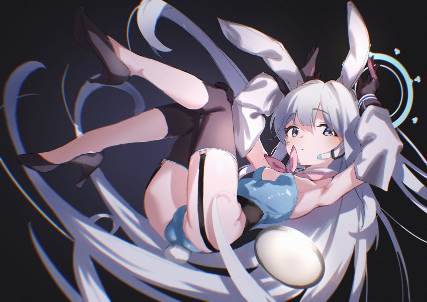 1girl animal_ears blue_archive breasts bunny_pose detached_sleeves erory6_(ro) fake_animal_ears floating garter_straps halo headphones high_heels highres long_hair microphone miyako_(blue_archive) playboy_bunny silver_hair small_breasts very_long_hair violet_eyes