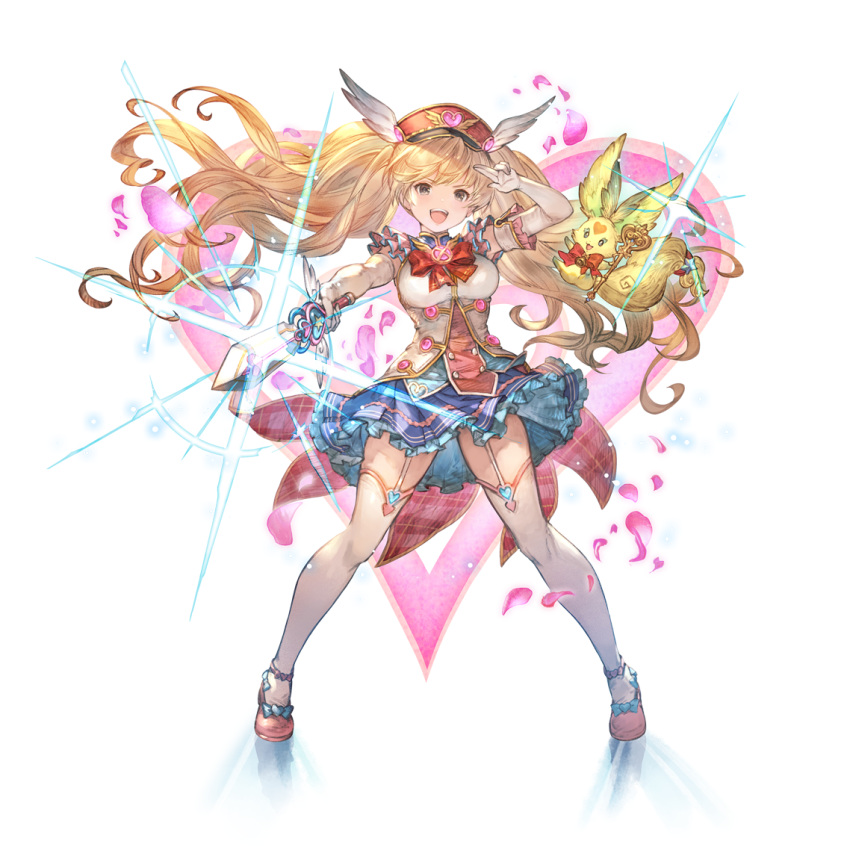 blonde_hair bow breasts brown_eyes dress garter_straps granblue_fantasy hand_up hat holding holding_sword holding_weapon long_hair magical_girl medium_breasts minaba_hideo monika_weisswind official_art open_mouth shoes simple_background standing sword thigh-highs transparent_background weapon