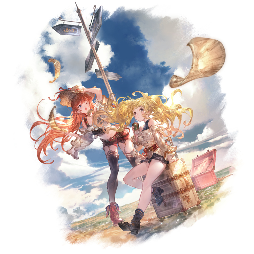 2girls blonde_hair blue_eyes boots brown_eyes closed_mouth clouds floating_hair flying_paper fold-over_boots garter_straps granblue_fantasy hat lecia_(granblue_fantasy) luggage minaba_hideo monika_weisswind multiple_girls official_art one_eye_closed open_mouth paper redhead shirt shorts signpost sitting sky standing straw_hat thigh-highs transparent_background wind