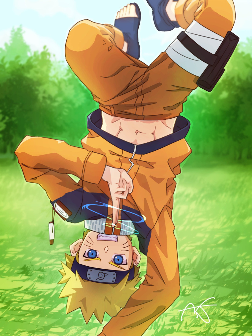 1boy a_ta309 abs blonde_hair blue_eyes blue_sky bush clothes_lift clouds cloudy_sky commentary_request day evil_grin evil_smile facial_mark forehead_protector full_body grass grin highres looking_at_viewer magic male_focus midriff_peek naruto_(series) navel ninja orange_pants pants sandals shirt_lift short_hair sky smile solo straight-on sunlight teeth thigh_strap upside-down uzumaki_naruto whisker_markings