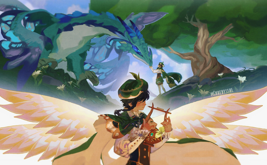 1boy bangs beret black_hair blue_hair braid cape chaebyssal collared_cape commentary_request corset dragon dvalin_(genshin_impact) english_commentary feathered_wings flower frilled_sleeves frills genshin_impact gradient_hair green_cape green_headwear green_shorts hat hat_flower highres holding holding_instrument instrument juliet_sleeves long_sleeves lyre male_focus multicolored_hair music pantyhose playing_instrument puffy_sleeves shirt short_hair_with_long_locks shorts solo tree twin_braids venti_(genshin_impact) white_flower white_legwear white_shirt white_wings wings