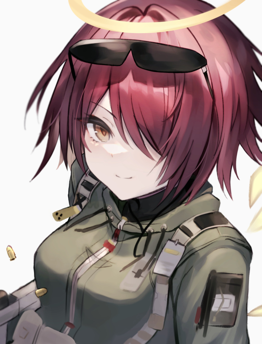 1girl absurdres arknights bangs breasts brown_eyes bullet closed_mouth diieru exusiai_(arknights) eyebrows_visible_through_hair eyewear_on_head green_jacket grey_background hair_over_one_eye halo highres jacket looking_at_viewer medium_breasts redhead simple_background smile solo sunglasses upper_body
