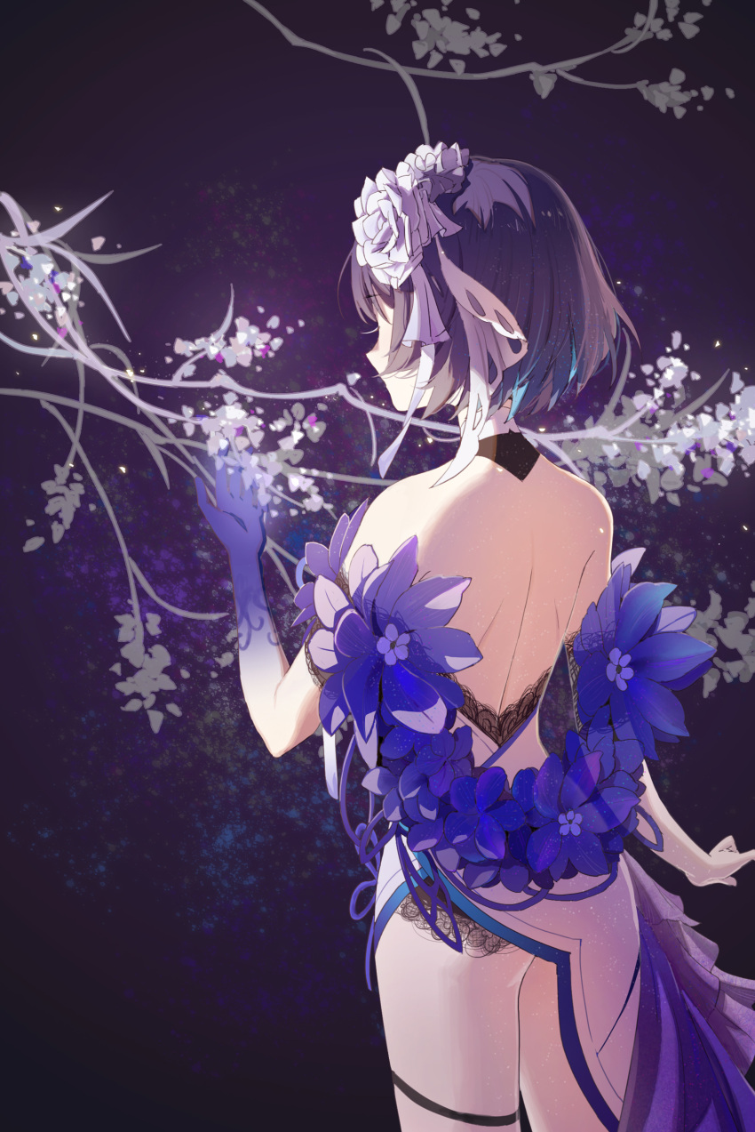 1girl absurdres backless_dress backless_outfit bare_shoulders blue_background blue_gloves blue_hair bob_cut china_dress chinese_clothes chinese_new_year dress flower gloves hair_flower hair_ornament highres honkai_(series) honkai_impact_3rd medium_hair off-shoulder_dress off_shoulder rafaelaaa seele_vollerei seele_vollerei_(stygian_nymph) solo white_dress white_flower