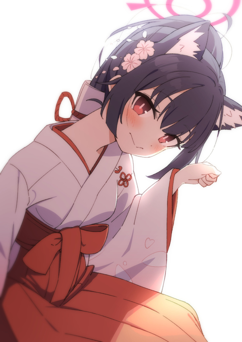 1girl afnroll alternate_hairstyle animal_ear_fluff animal_ears black_hair blue_archive blush cat_ears closed_mouth hakama hakama_skirt halo hand_up highres japanese_clothes long_hair long_sleeves looking_at_viewer miko official_alternate_costume ponytail red_eyes red_hakama red_skirt serika_(blue_archive) simple_background skirt solo white_background wide_sleeves