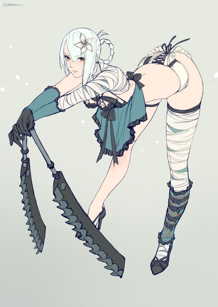 1girl bandaged_leg bandages bent_over black_footwear braid breasts closed_mouth flower grey_hair hair_flower hair_ornament hair_rings hands_on_hilt high_heels highres holding holding_weapon kaine_(nier) kotatsu_(g-rough) looking_at_viewer nier nier_(series) panties single_thighhigh small_breasts solo thigh-highs underwear weapon white_panties