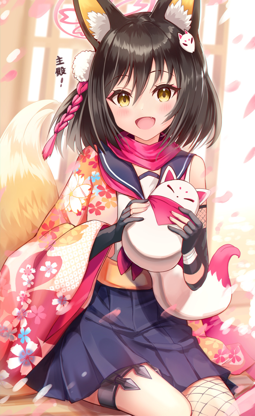 1girl :d animal_ear_fluff animal_ears black_gloves black_hair blue_archive blue_skirt cherry_blossoms commentary_request fishnets floral_print fox_ears fox_girl fox_tail gloves hair_ornament halo highres izuna_(blue_archive) japanese_clothes looking_at_viewer medium_hair open_mouth partially_fingerless_gloves petals pleated_skirt sailor_collar sakura_ani sitting skirt smile solo tail thigh_strap yellow_eyes