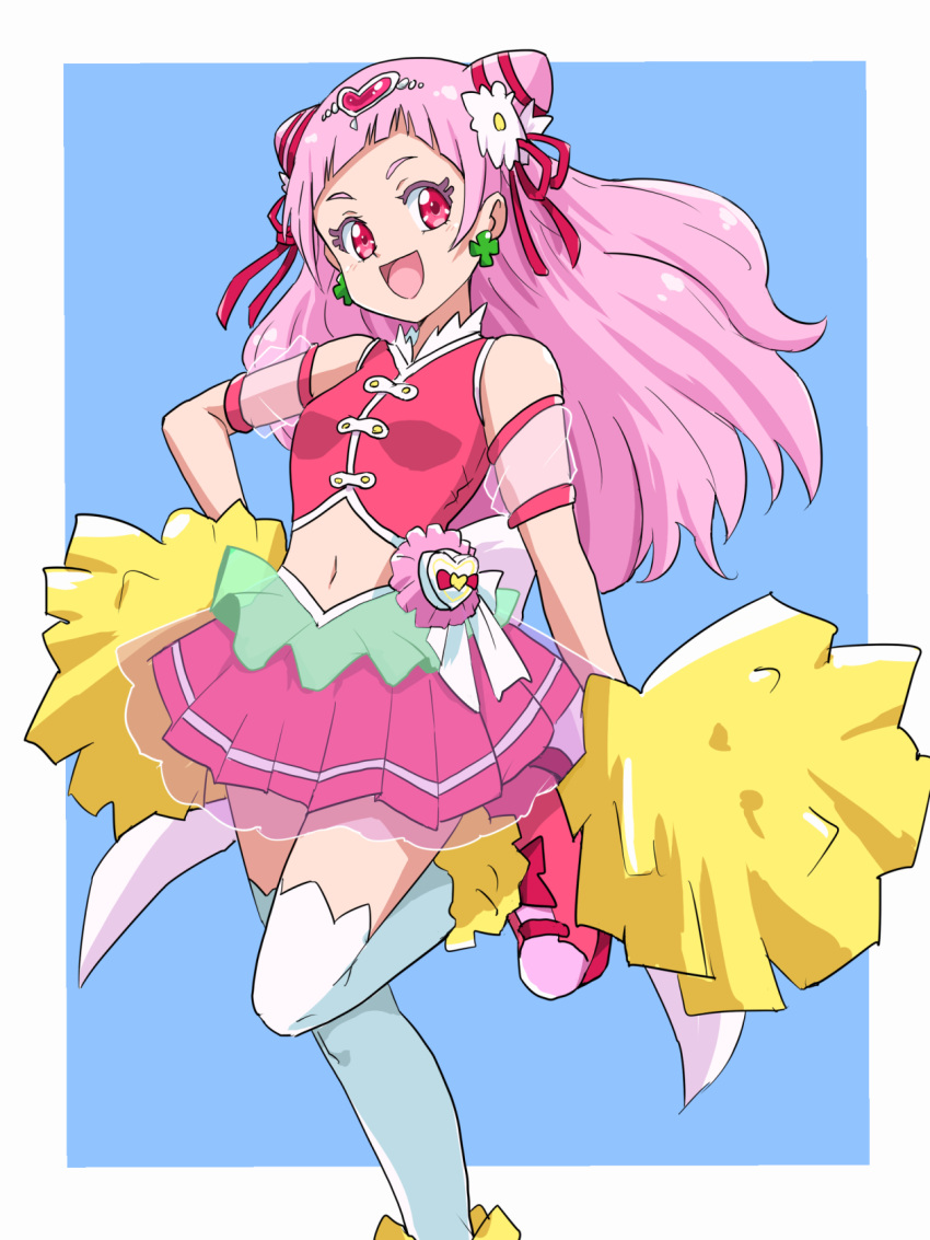 1girl :d boots commentary_request cure_yell double_bun earrings eyelashes hair_ornament hair_ribbon happy highres hugtto!_precure jewelry long_hair looking_at_viewer magical_girl midriff navel nono_hana open_mouth pink_eyes pink_footwear pink_hair pink_vest precure ribbon smile solo standing thigh-highs thighs uraki vest white_legwear