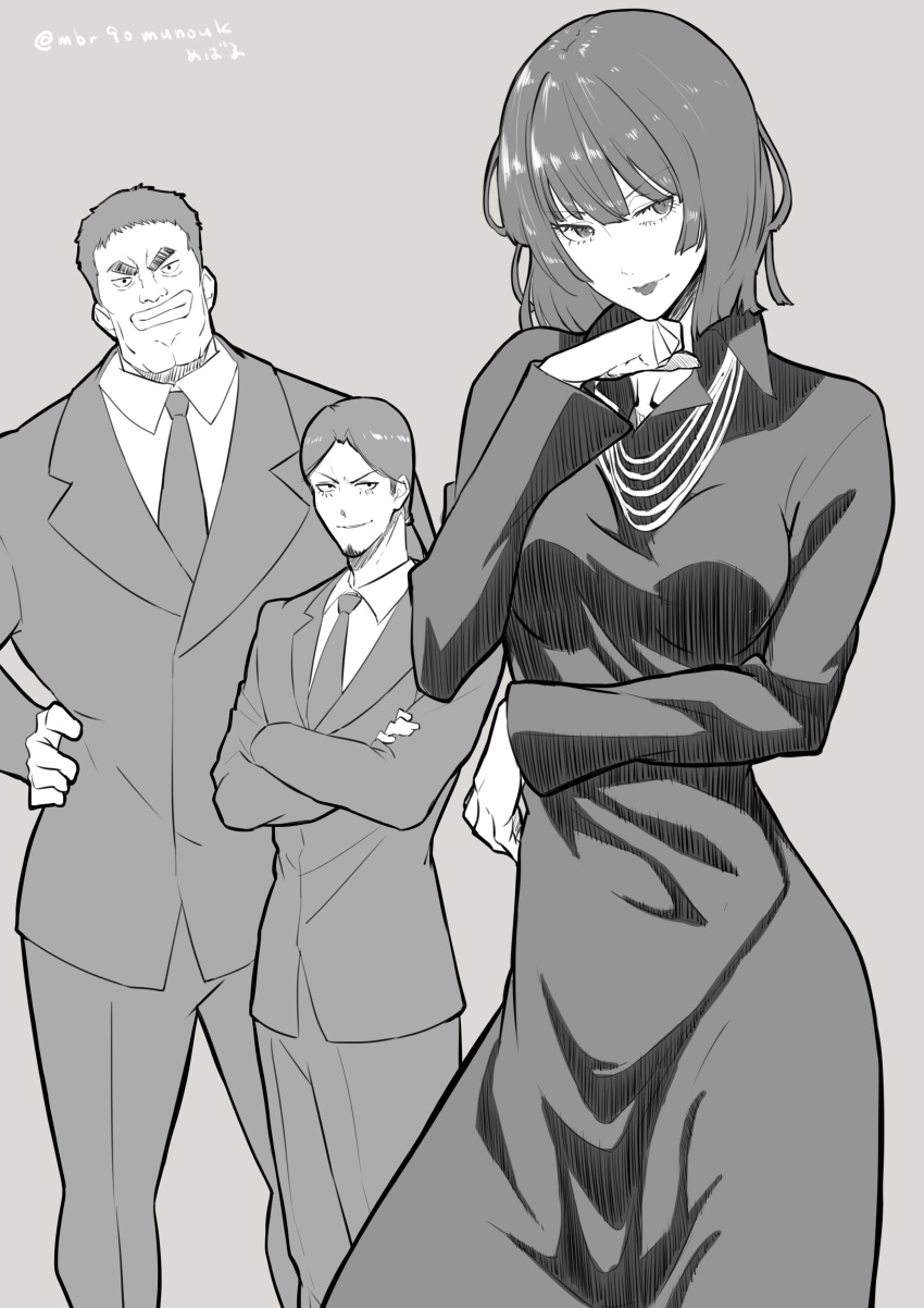 1girl 2boys absurdres artist_name bangs bob_cut dress facial_hair fubuki_(one-punch_man) goatee greyscale highres jewelry lips mbr90munouk monochrome multiple_boys necklace one-punch_man short_hair signature simple_background