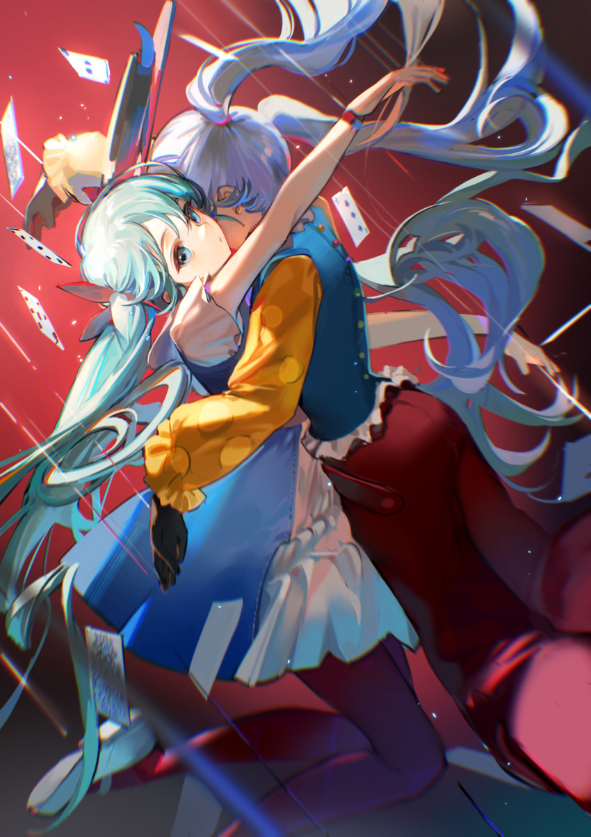 2girls absurdres black_gloves blue_dress blue_eyes blue_hair blue_vest bracelet card closed_mouth commentary_request dress dual_persona dutch_angle gloves hatsune_miku highres hug jewelry light_particles long_hair long_sleeves looking_at_viewer multiple_girls pants pantyhose playing_card purple_hair red_background red_legwear red_pants rumoon shirt short_sleeves twintails vest vocaloid white_footwear yellow_shirt