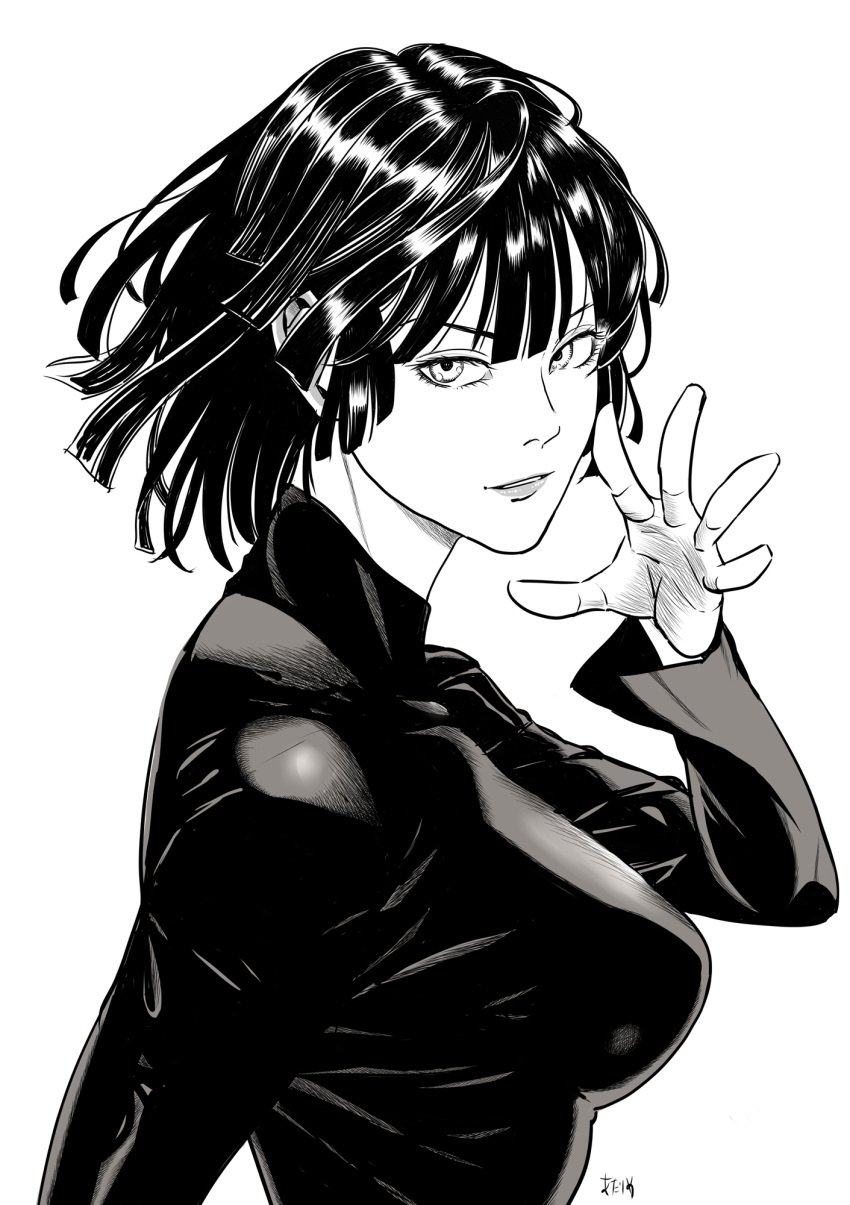 1girl bangs bob_cut breasts eyebrows fubuki_(one-punch_man) greyscale highres large_breasts lips long_sleeves looking_at_viewer monochrome nose one-punch_man short_hair sickpoly7188 solo straight_hair upper_body white_background