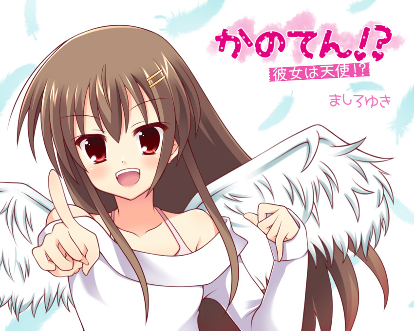 1girl angel_wings bangs dress long_hair looking_at_viewer mashiro_yuki open_mouth original pointing pointing_at_viewer smile solo straight_hair wings