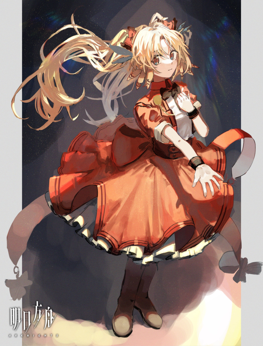 1girl 5cm_housamo absurdres arknights bangs blonde_hair boots bow brown_eyes brown_footwear closed_mouth collared_shirt commentary_request copyright_name eyebrows_visible_through_hair full_body hair_between_eyes hair_bow highres jacket knee_boots light_smile long_hair looking_at_viewer open_clothes open_jacket outstretched_arm parted_bangs pinecone_(arknights) pinecone_(sing_a_song)_(arknights) red_bow red_jacket red_skirt shirt short_sleeves skirt solo standing twintails very_long_hair white_shirt wrist_cuffs