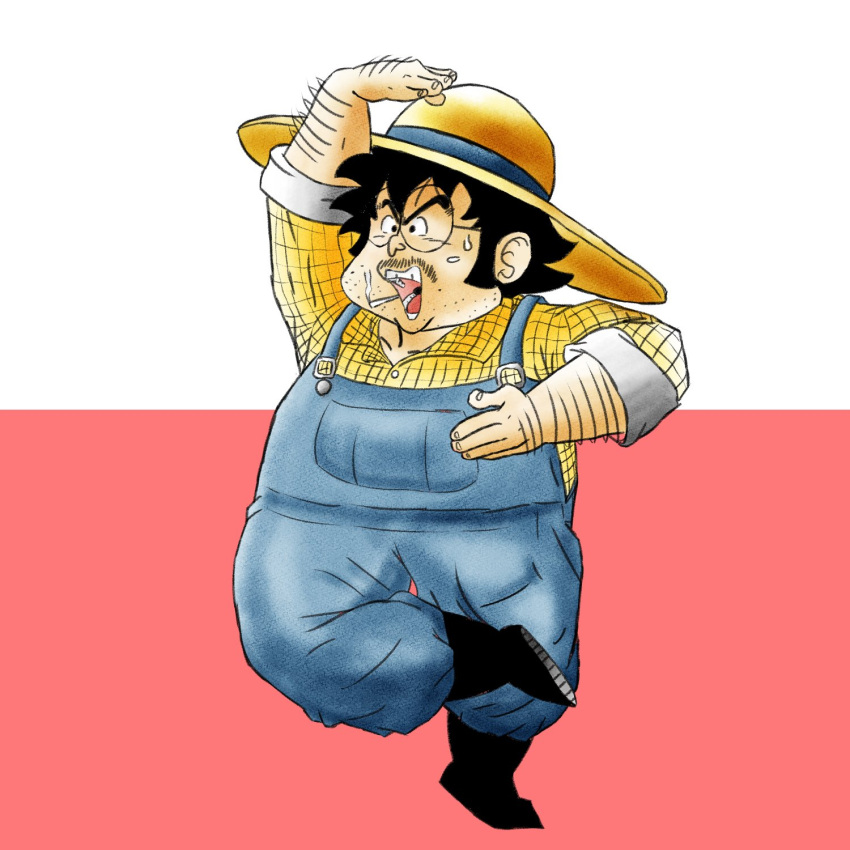 1boy arm_hair arm_up bangs black_footwear black_hair blue_overalls boots cigarette collared_shirt commentary dragon_ball dragon_ball_z facial_hair farmer farmer_(dragon_ball) glasses hat highres leg_up looking_to_the_side male_focus mustache official_style open_mouth overalls plaid plaid_shirt pose red_background shirt simple_background smoking solo straw_hat stubble sweatdrop v-shaped_eyebrows white_background whoapizzas wing_collar yellow_shirt