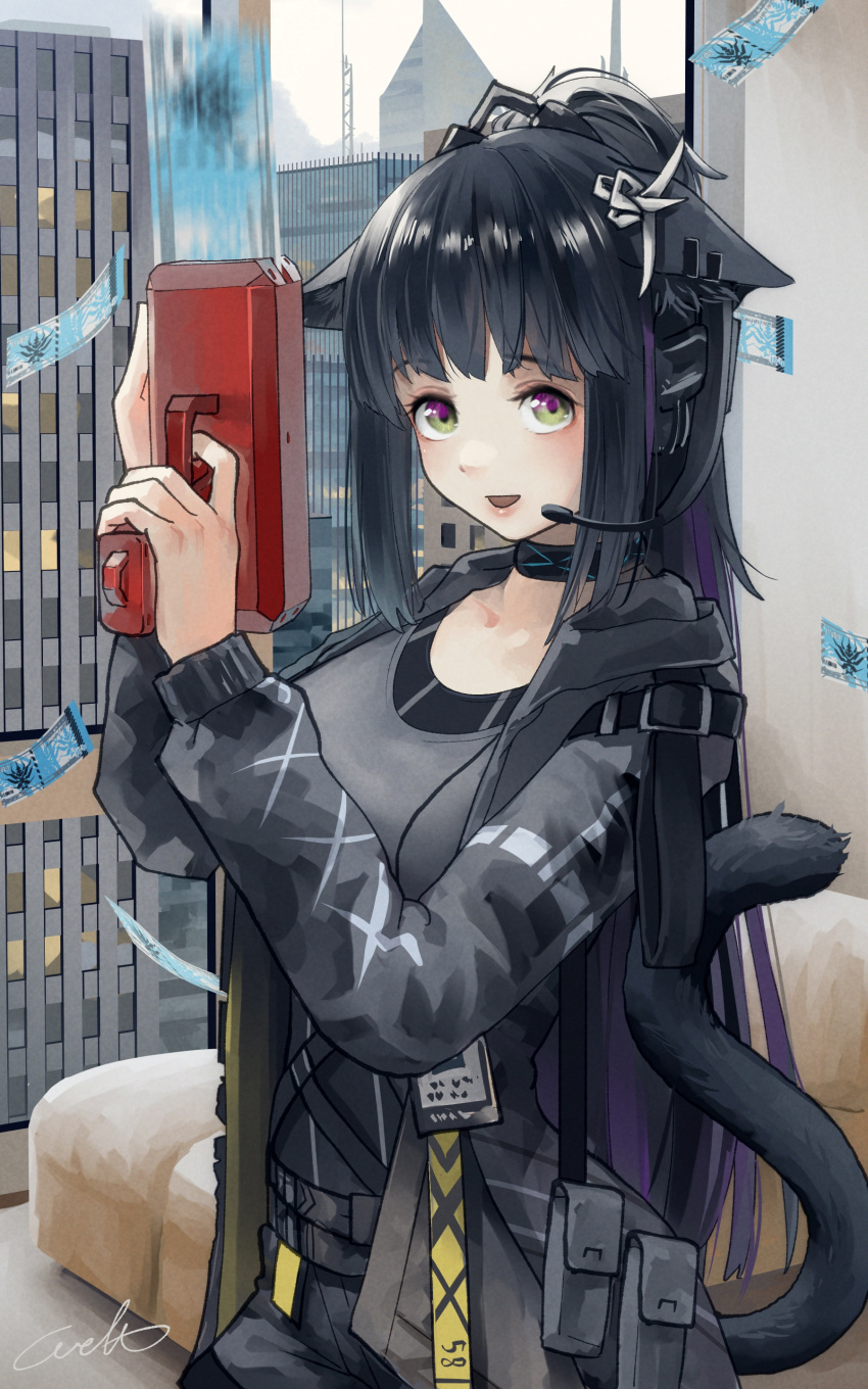 1girl absurdres alternate_hair_length alternate_hairstyle animal_ears arknights black_collar blue_hair building cat_ears cat_girl cat_tail collar cowboy_shot eyebrows_visible_through_hair grey_bag grey_jacket grey_shorts gun headset highres holding holding_gun holding_weapon implied_extra_ears infection_monitor_(arknights) jacket jessica_(arknights) long_hair long_sleeves looking_at_viewer lungmen_dollar motion_blur open_clothes open_jacket open_mouth ponytail pouch purple_hair shorts skyscraper solo tail very_long_hair weapon welt_(kinsei_koutenkyoku) window