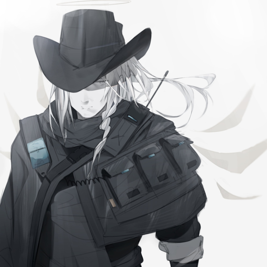 1girl absurdres angel_wings arknights bangs black_cape braid cape closed_mouth cowboy_hat hair_lift halo hat highres layered_sleeves long_hair looking_at_viewer outcast_(arknights) partially_colored radio simple_background solo tou_toutou upper_body walkie-talkie white_background white_hair wings
