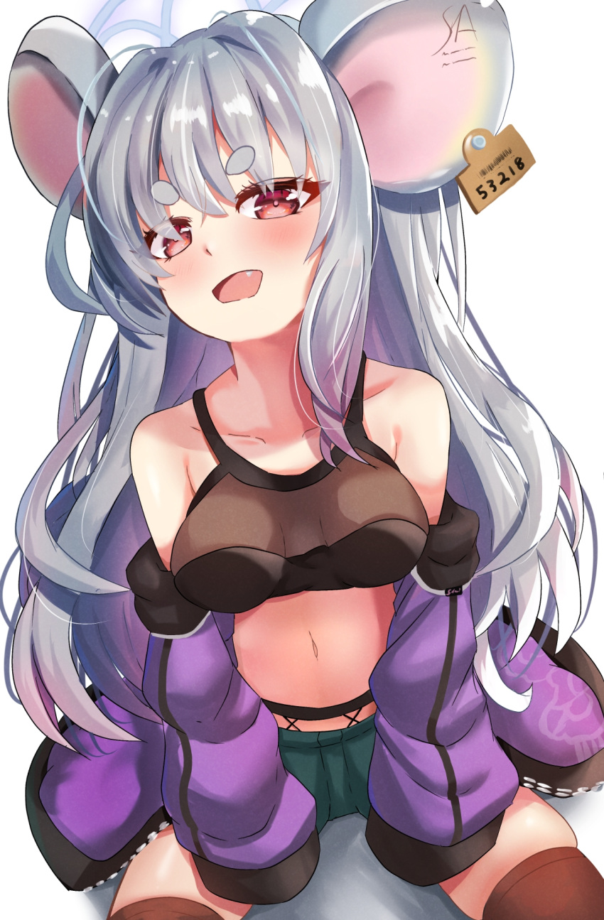 1girl blue_archive clothes_around_waist crop_top ear_tag eyebrows grey_hair halo highres jacket jacket_around_waist jacket_removed long_hair open_mouth purple_jacket red_eyes saya_(blue_archive) seiza shorts sitting smile solo very_long_hair wimawi