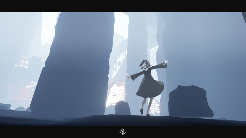 1girl black_dress black_hair closed_eyes commentary dress grey_theme happy highres letterboxed limited_palette long_sleeves meola open_mouth original outdoors outstretched_arms ruins scenery short_hair smile spread_arms symbol-only_commentary
