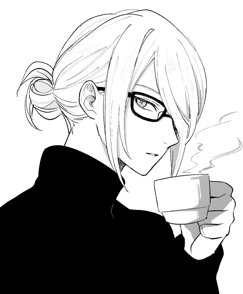 1boy bespectacled bright_pupils commentary_request contemporary cup glasses greyscale hair_bun hair_over_one_eye hand_up highres holding holding_cup long_sleeves looking_at_viewer male_focus monochrome parted_lips pokemon pokemon_(game) pokemon_legends:_arceus punico_(punico_poke) short_hair simple_background solo steam turtleneck upper_body volo_(pokemon) white_background