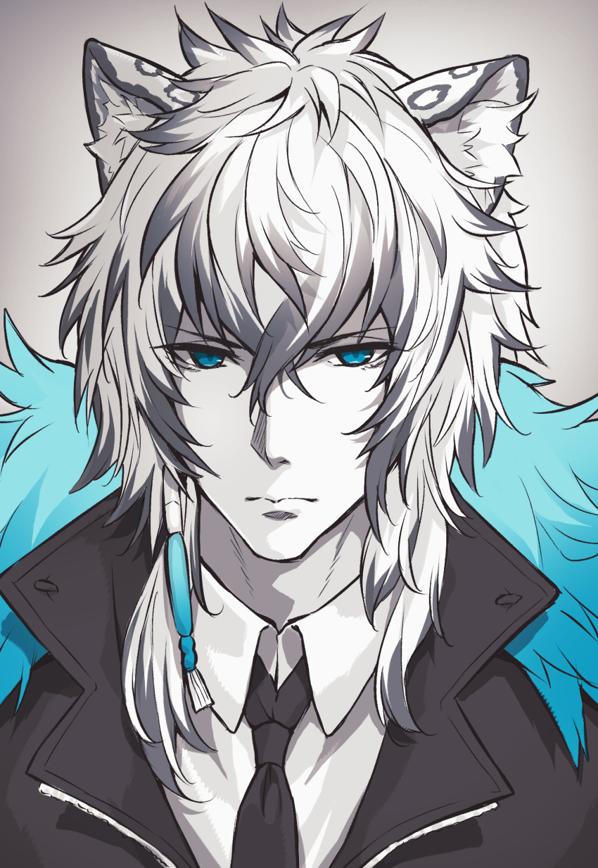 1boy absurdres animal_ear_fluff animal_ears arknights bangs closed_mouth collared_shirt diieru eyebrows_visible_through_hair formal grey_background hair_between_eyes highres jacket long_hair looking_at_viewer male_focus monochrome necktie shirt silverash_(arknights) solo spot_color suit upper_body v-shaped_eyebrows