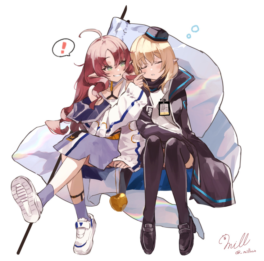 ! 2girls ahoge apple arknights black_footwear black_headwear black_legwear blonde_hair cheek_pinching commentary_request durin_(arknights) flag food fruit full_body golden_apple green_eyes grin hat highres invisible_chair long_hair looking_at_another medium_hair milluun multiple_girls myrtle_(arknights) parted_lips pinching pointy_ears redhead shoes signature sitting sleeping sleeping_upright smile spoken_exclamation_mark thigh-highs twitter_username white_background white_footwear