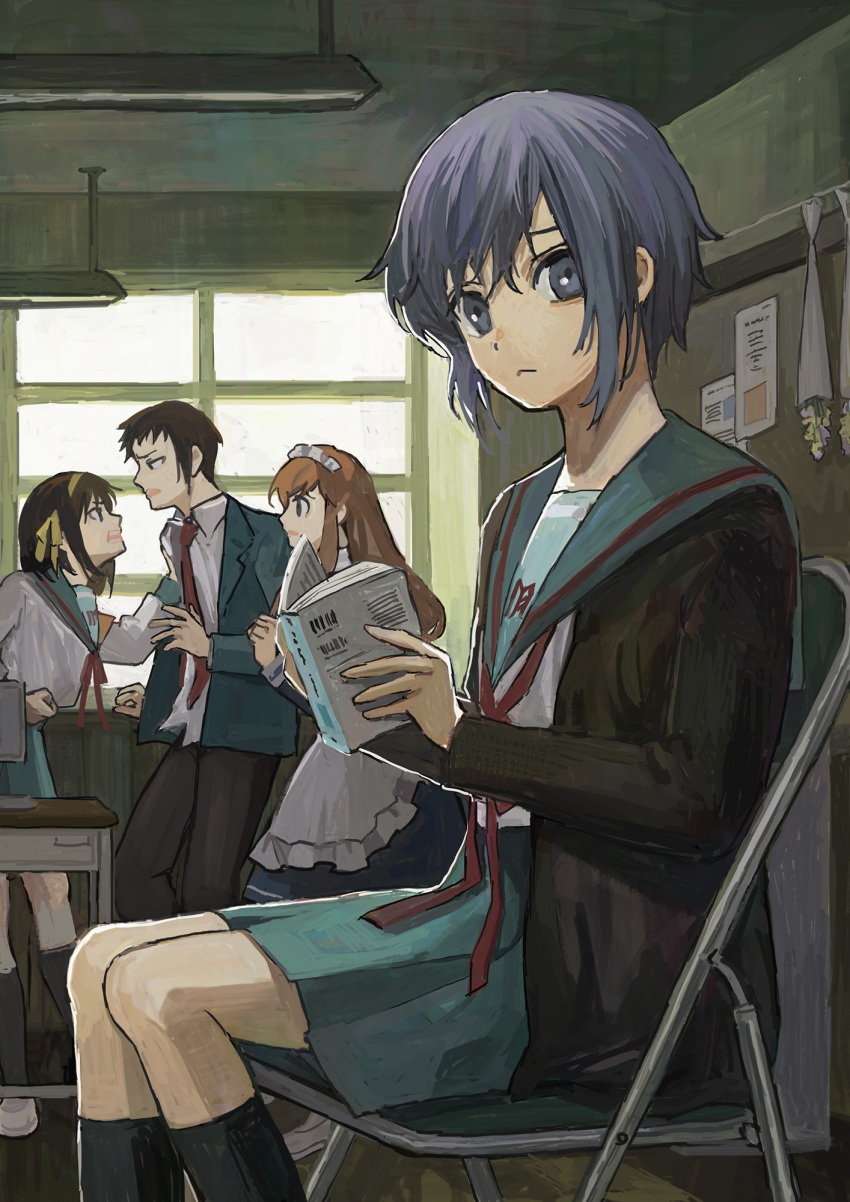 1boy 3girls :&lt; apron arguing arm_support asahina_mikuru bangs behind_another black_legwear blazer blue_dress breasts brown_cardigan brown_hair cardigan ceiling ceiling_light chair classroom clenched_hand collared_shirt computer desk dress eyebrows_visible_through_hair feet_out_of_frame folding_chair frown full_body hair_between_eyes hair_ribbon hairband hand_on_another's_shoulder highres indoors jacket kita_high_school_uniform kneehighs kyon leaning_to_the_side long_hair long_sleeves looking_at_viewer maid_apron maid_headdress medium_breasts multiple_girls nagato_yuki neckerchief necktie niwano_(nnn) official_alternate_costume open_mouth orange_hair pants pleated_skirt purple_hair raised_eyebrows reading red_neckerchief red_neckwear ribbon sad school_uniform serafuku shirt sidelocks sitting skirt solo_focus suzumiya_haruhi suzumiya_haruhi_no_yuuutsu tareme uniform untucked_shirt very_long_hair white_shirt window wing_collar yellow_ribbon