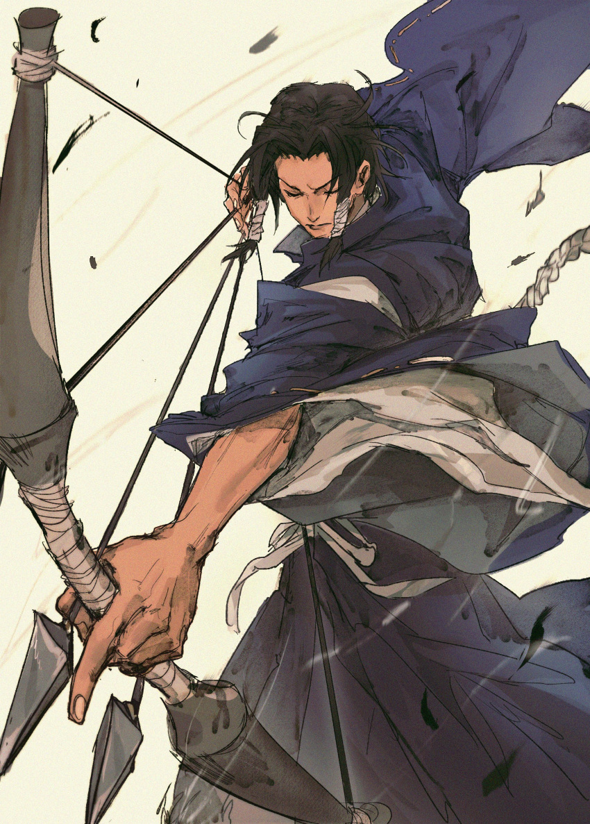 1boy absurdres arrow_(projectile) black_hair bow_(weapon) closed_eyes closed_mouth frown highres holding holding_bow_(weapon) holding_weapon japanese_clothes jujutsu_kaisen kamo_noritoshi kimono long_hair long_sleeves male_focus sidelocks solo weapon wide_sleeves woshihedawei