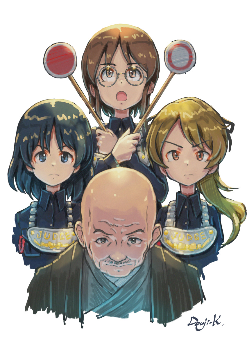 1boy 3girls album_cover artist_name bald bangs black_dress black_eyes black_hair black_kimono black_ribbon bob_cut bohemian_rhapsody brown_eyes brown_hair chain_necklace collared_dress commentary cover cropped_torso dress facial_hair frown girls_und_panzer glasses gorget hair_ribbon highres holding inatomi_hibiki japanese_clothes japanese_tankery_league_judge_uniform judge kimono kodama_shichirou kuroneko_douji long_sleeves looking_at_viewer medallion medium_hair multiple_girls mustache open_mouth parody queen_(band) ribbon round_eyewear sasagawa_kanon short_hair short_ponytail sign signature simple_background takashima_remi uniform white_background wing_collar