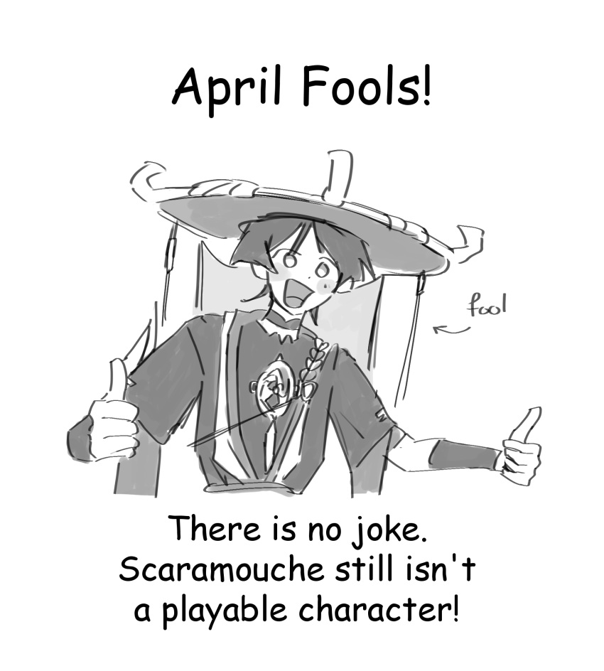 1boy april_fools black_hair english_text genshin_impact hat highres japanese_clothes male_focus monochrome open_mouth scaramouche_(genshin_impact) short_hair simple_background smile solo thumbs_up tragedtea white_background