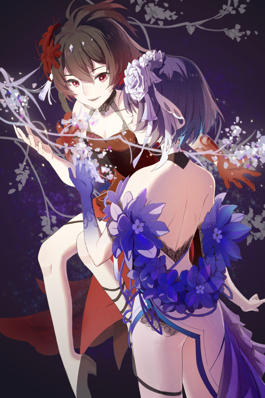 2girls absurdres backless_dress backless_outfit bangs bare_shoulders blue_background blue_gloves blue_hair bob_cut china_dress chinese_clothes chinese_new_year dress flower gloves hair_flower hair_ornament highres honkai_(series) honkai_impact_3rd medium_hair multiple_girls off-shoulder_dress off_shoulder rafaelaaa red_dress red_flower red_gloves redhead seele_(alter_ego) seele_vollerei seele_vollerei_(stygian_nymph) white_dress white_flower