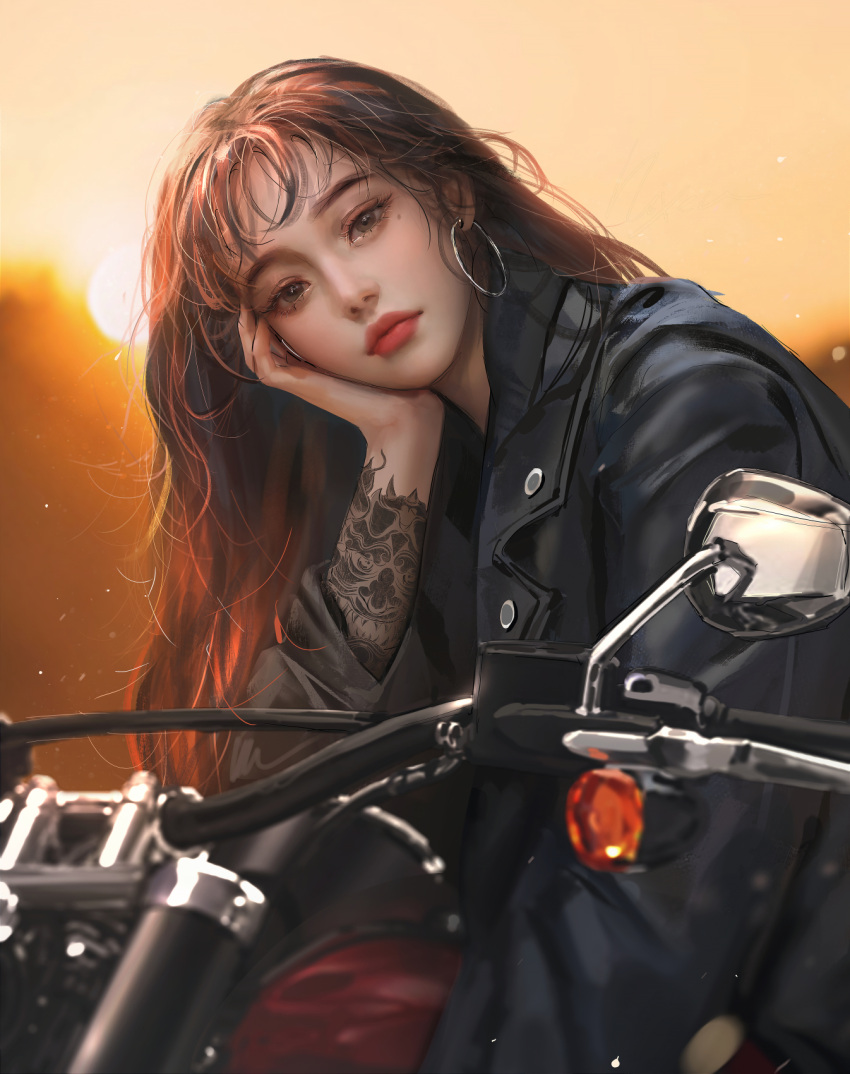 1girl arm_tattoo asian brown_hair commentary earrings elbow_rest english_commentary ground_vehicle head_rest head_tilt highres hoop_earrings jacket jewelry leather leather_jacket lips long_hair looking_at_viewer mole mole_under_eye motor_vehicle motorcycle nixeu original outdoors realistic solo tattoo