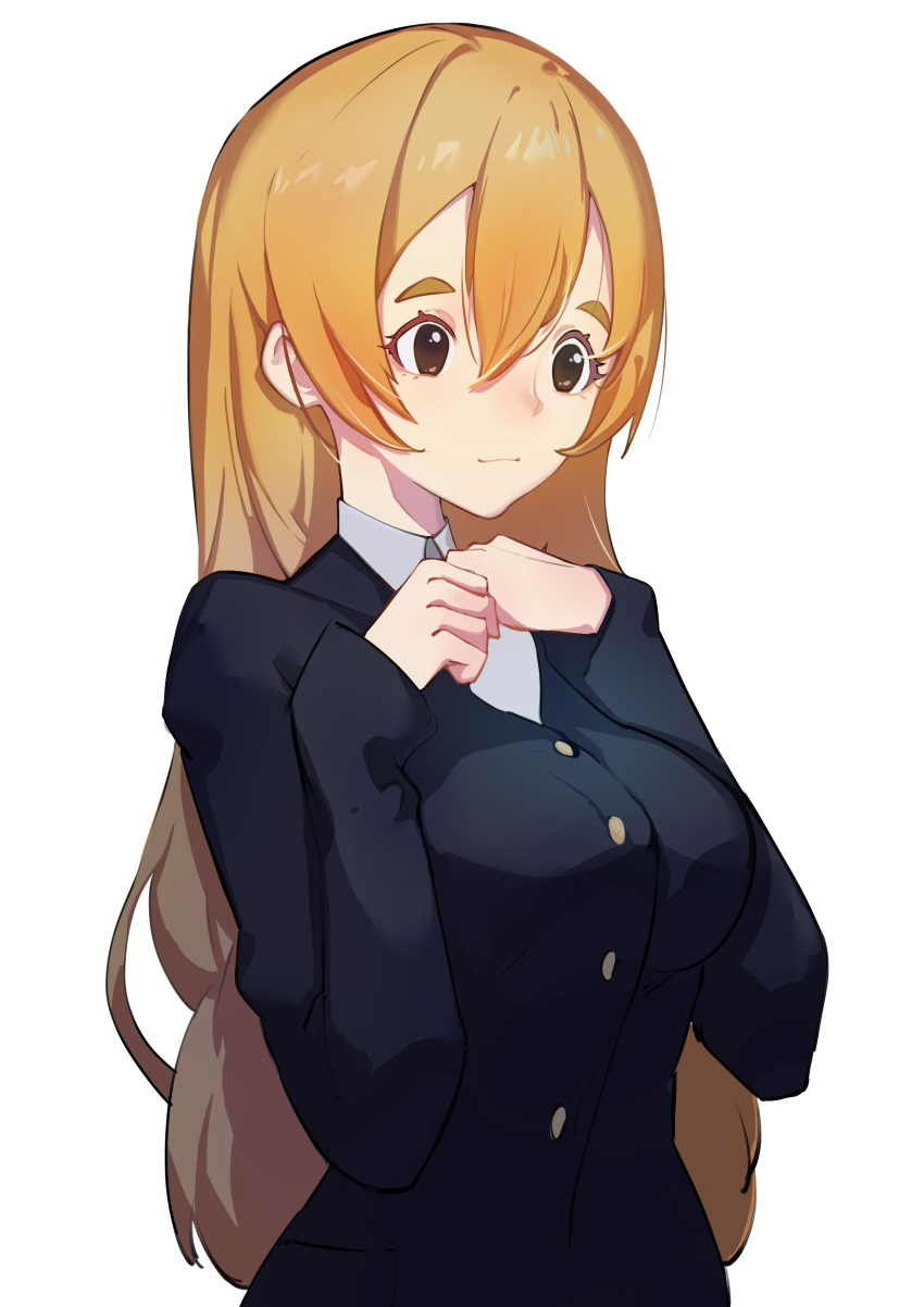 1girl absurdres black_jacket blonde_hair brown_eyes closed_mouth collared_shirt commentary_request highres jacket k-on! kotobuki_tsumugi long_hair long_sleeves school_uniform shirt simple_background solo thick_eyebrows tiredme upper_body white_background white_shirt