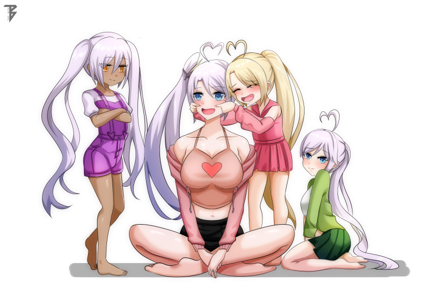 4girls absurdres ahoge alternate_costume azur_lane bare_shoulders blonde_hair blue_eyes breasts closed_mouth commander_cool commission dark_skin detached_sleeves dress eyebrows_visible_through_hair green_jacket green_skirt hair_between_eyes hair_over_eyes hands_on_another's_cheeks hands_on_another's_face heart heart_ahoge highres incredibly_absurdres indianapolis_(azur_lane) jacket large_breasts long_hair mother_and_daughter multiple_girls multiple_persona on_floor open_mouth orange_eyes pink_dress ponytail portland_(azur_lane) seiza side_ponytail silver_hair sitting skirt triplets twintails very_long_hair
