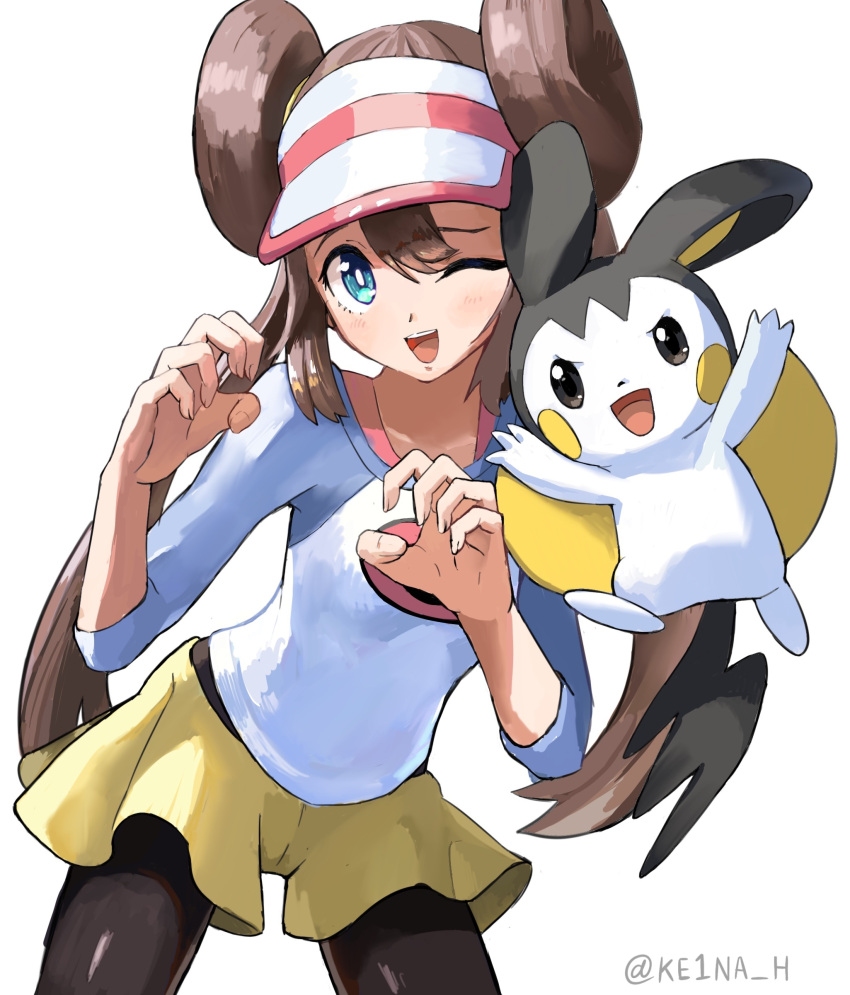 1girl absurdres blue_eyes blush bra bra_strap brown_hair claw_pose double_bun emolga hair_bun hat highres keina_(ke1na_h) laughing long_hair looking_at_viewer open_mouth pink_bra pokemon pokemon_(game) pokemon_bw2 rosa_(pokemon) simple_background underwear white_background