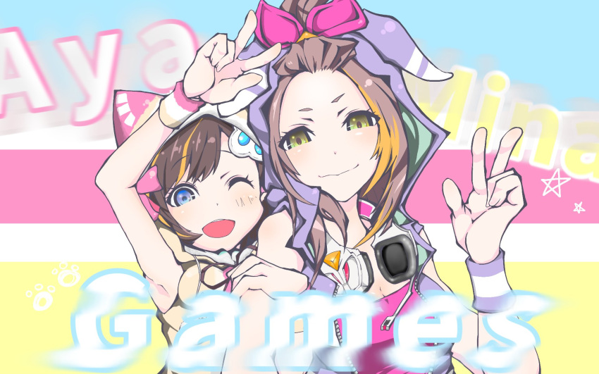 2girls ayamina_games bangs bangs_pinned_back blue_background blue_eyes bow brown_eyes brown_hair closed_mouth commentary_request copyright_name eyebrows_visible_through_hair hair_bow hair_ornament hairclip hand_on_another's_arm headphones headphones_around_neck highres hood hoodie light_blush long_hair looking_at_viewer motion_blur multicolored_background multicolored_hair multiple_girls one_eye_closed open_mouth paw_hair_ornament pink_background pink_bow pink_shirt purple_hoodie shirt short_hair simple_background sleeveless sleeveless_hoodie smile star_(symbol) streaked_hair sweatband swept_bangs upper_body vest virtual_youtuber w yaki_usagi yellow_background yellow_vest yuen_aya yuen_mina