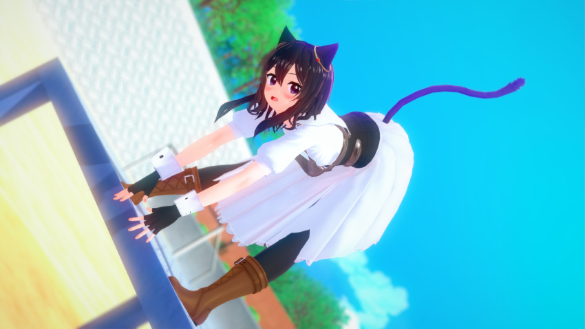1girl 3d animal_ears ankle_boots armor belt belt_boots black_gloves black_hair black_legwear black_tail blue_eyes blue_sky blurry blurry_background blush body_armor boots breastplate brown_belt brown_footwear cat_ears cat_girl cat_tail chest_armor chest_plate cowboy_boots day dress earrings fingerless_gloves fran_(tensei_shitara_ken_deshita) from_side full_body gloves gold_earrings hair_between_eyes highres jewelry kirbro leaning_forward leather leather_belt leather_boots looking_at_viewer looking_to_the_side medium_hair open_mouth outdoors pink_nails puffy_sleeves riding_boots sand shiny shiny_hair short_sleeves sky solo standing tail tensei_shitara_ken_deshita thigh-highs tree wall white_dress